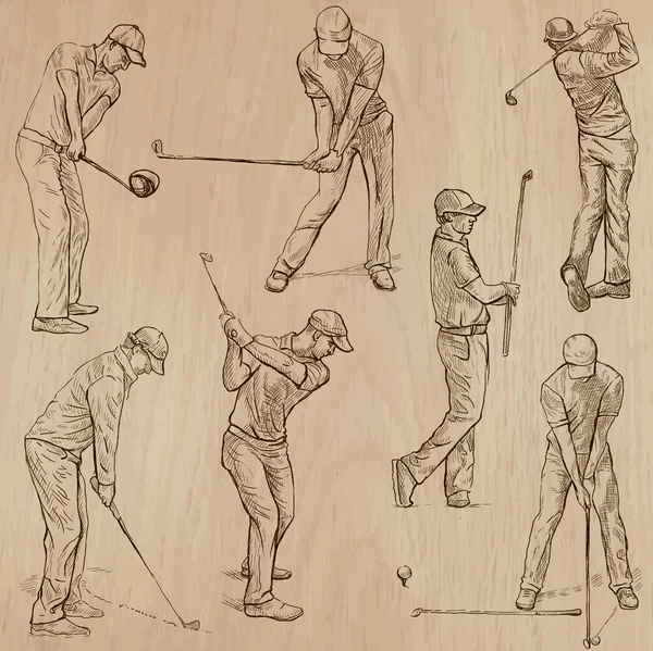 Golf y Golfistas - Vectores dibujados a mano — Archivo Imágenes Vectoriales