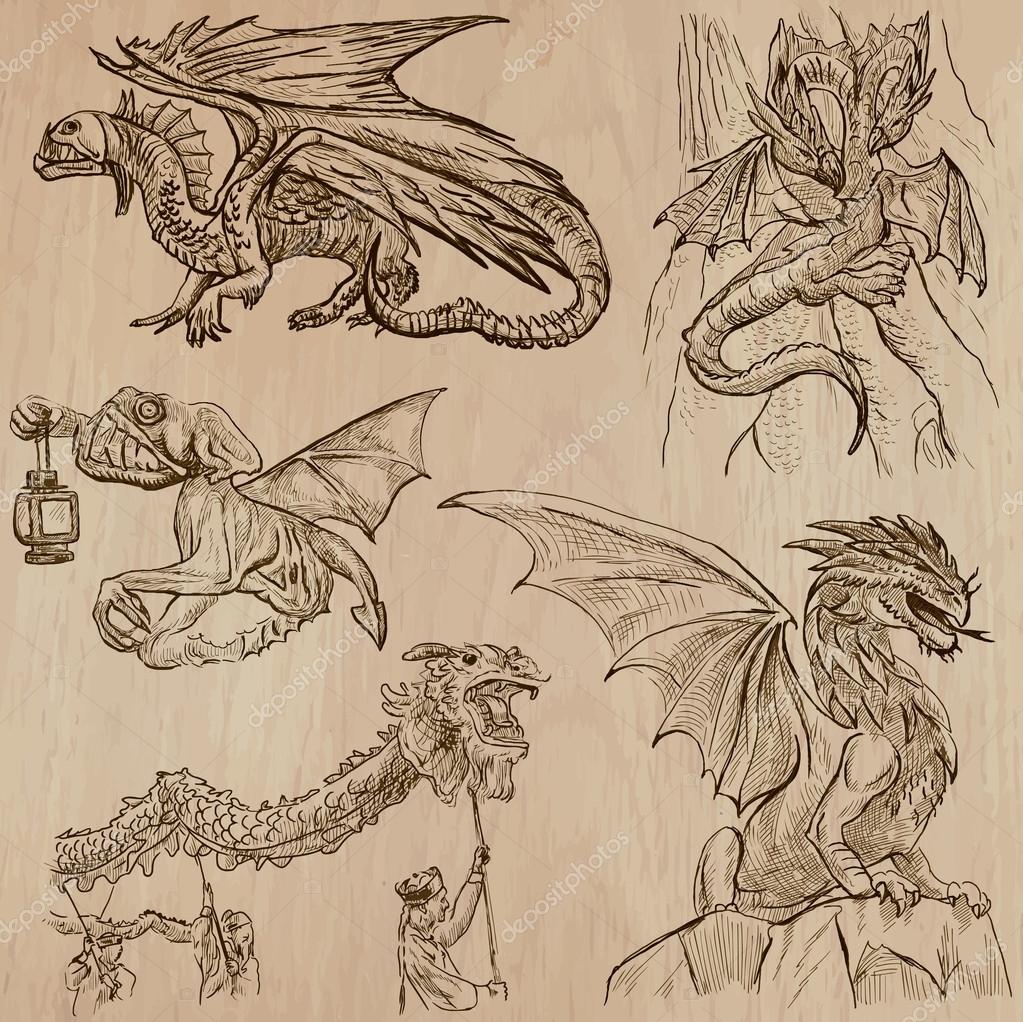 Image vectorielle Des dragons. Vecteurs dessinés à la main dans un pack .  par ©kuco - 68521911, image size:1023x1022