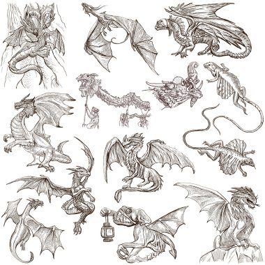 Dragons. An hand drawn freehand sketches. Originals. clipart