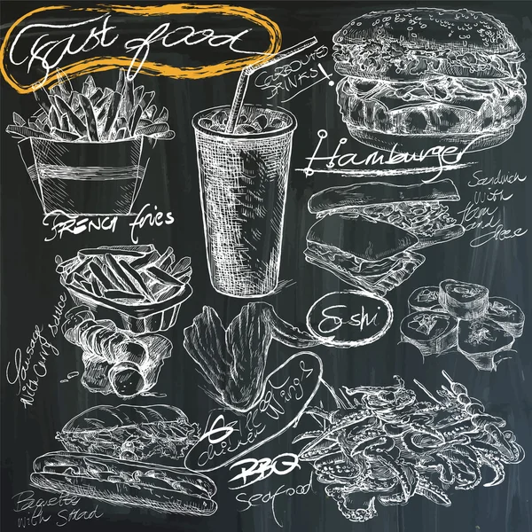 Jedzenie - ręki rysunki na tablicy, opakowanie — Wektor stockowy