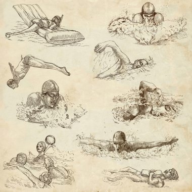 Yüzme. Elle çizilmiş koleksiyonu. Özgün çizimler.