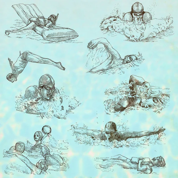 Nadando. Colección dibujada a mano. Bocetos originales . —  Fotos de Stock