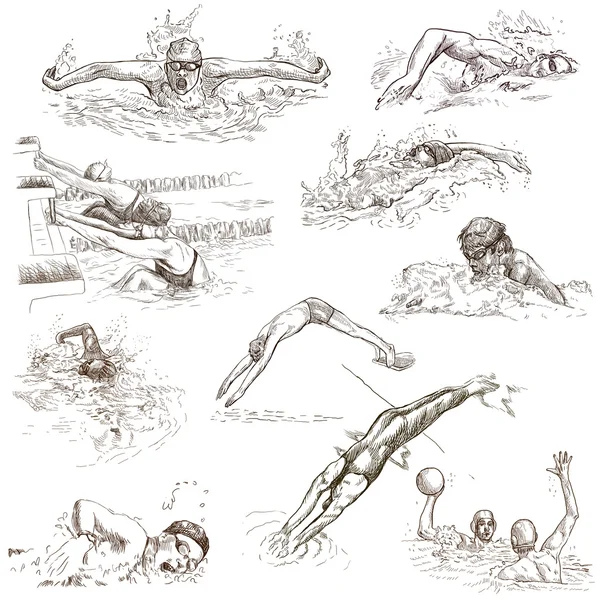 Yüzme. Elle çizilmiş koleksiyonu. Özgün çizimler. — Stok fotoğraf