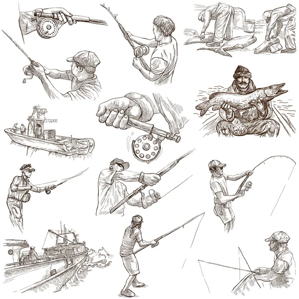 Rybolov - Freehand skici, originály na bílém pozadí — Stock fotografie
