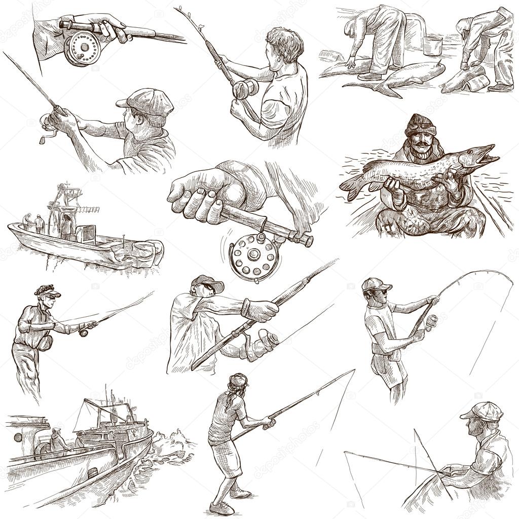 Fishing - Freehand sketches, originals on white