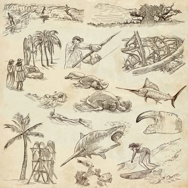Hawaii - Full sized hand drawn illustrations on old paper — Stock Photo, Image