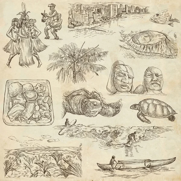 Hawaii - Full sized hand drawn illustrations on old paper — Stockfoto