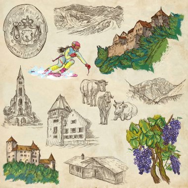 Seyahat - Liechtenstein. Kağıt üzerinde tam ölçekli el çizimleri.
