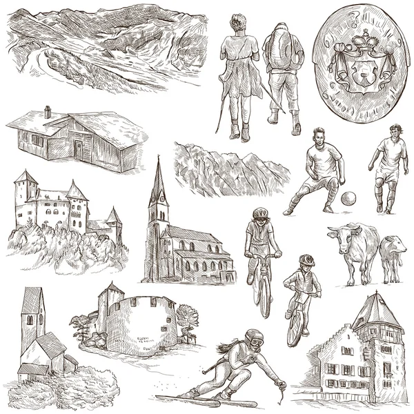 Resor - Liechtenstein. Full storlek hand ritningar på vit. — Stockfoto