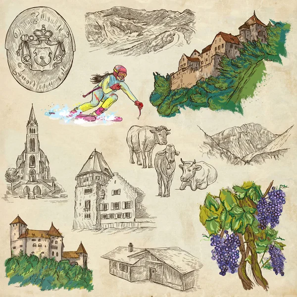 Viajes - Liechtenstein. Dibujos manuales de tamaño completo en papel . — Foto de Stock