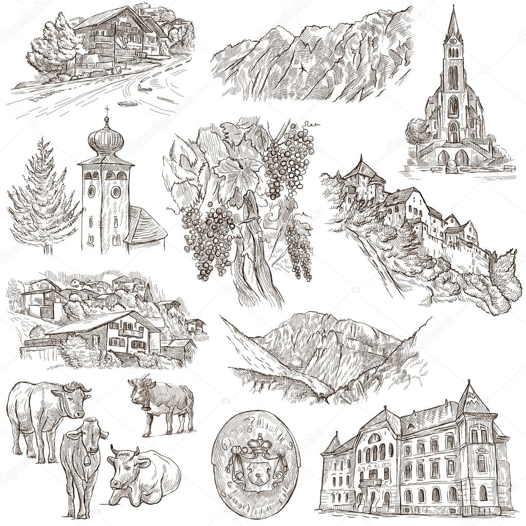 Travel - Liechtenstein. Full sized hand drawings on white.