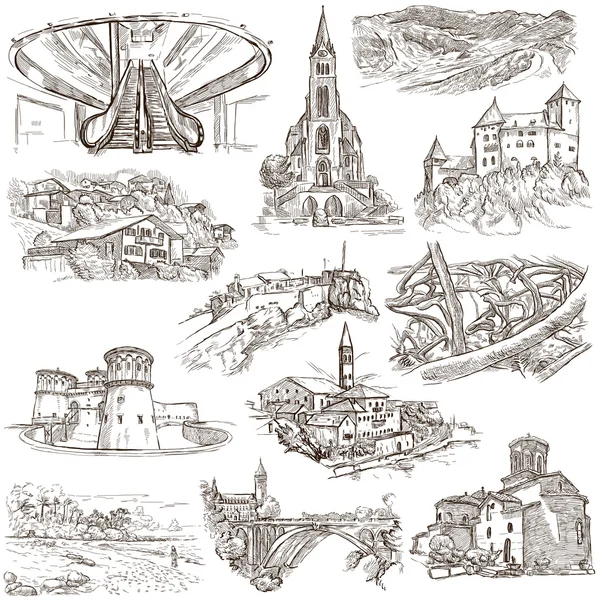 Architecture, Faous places - Collection of freehand sketches — Stock Photo, Image