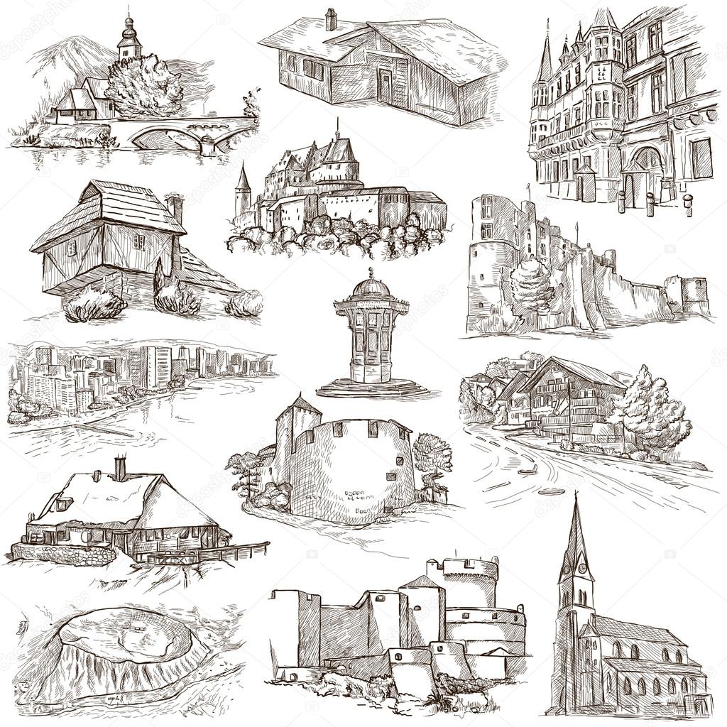 Architecture, Faous places - Collection of freehand sketches