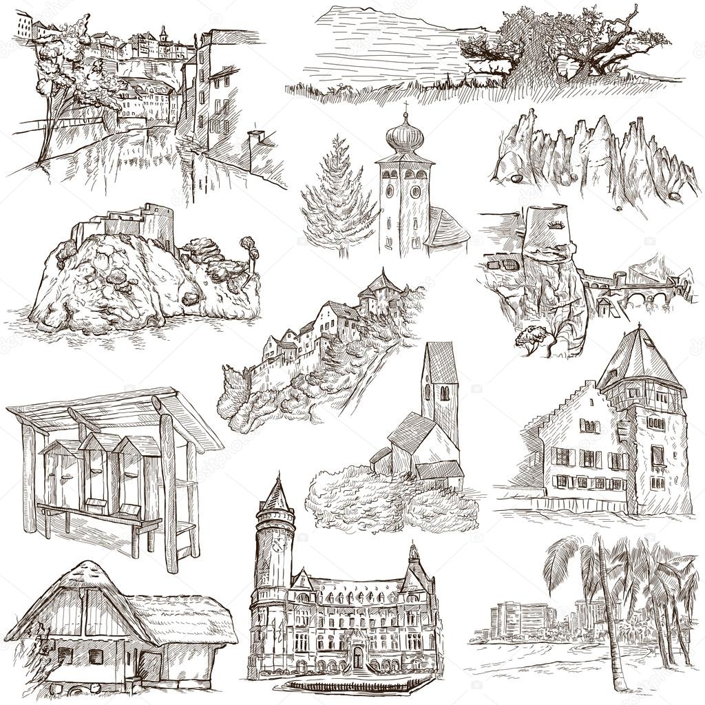 Architecture, Faous places - Collection of freehand sketches