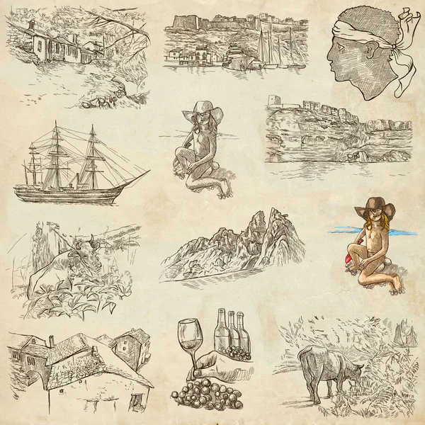 Korsika - kağıt üzerinde bir elle çizilmiş koleksiyonu — Stok fotoğraf