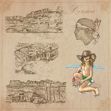 Corsica, seyahat - elle çizilmiş vektör paketi
