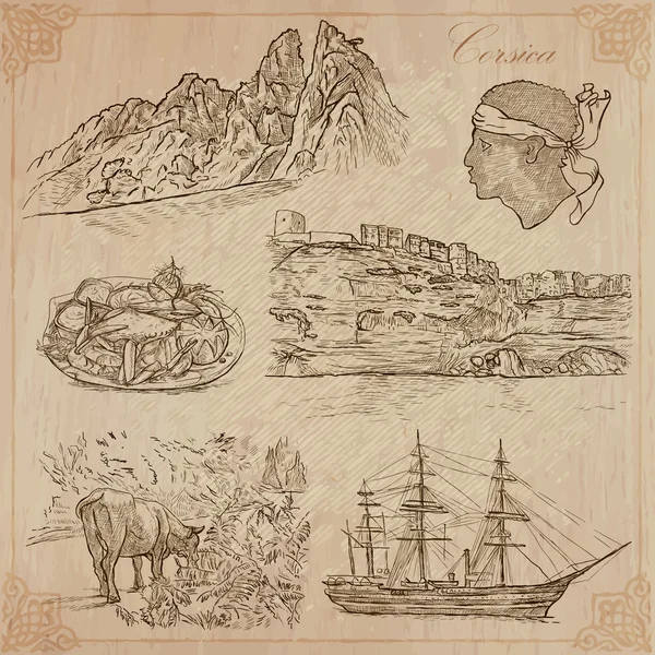 科西嘉，旅行-手绘矢量包 — 图库矢量图片