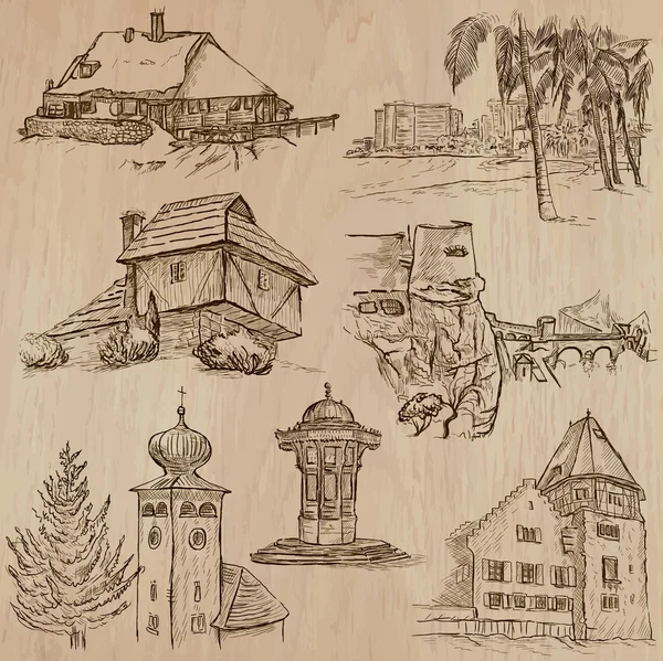 Arquitectura y lugares alrededor del mundo - dibujos a mano alzada — Archivo Imágenes Vectoriales