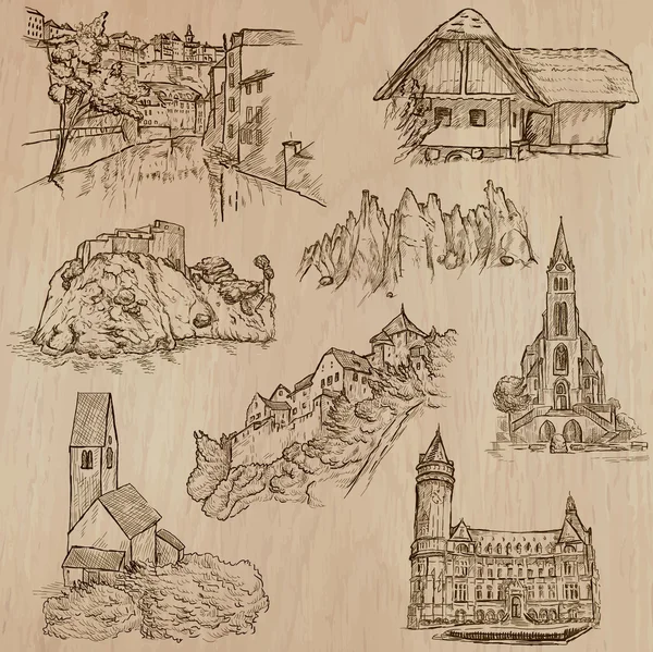 Arquitetura e lugares ao redor do mundo - desenhos à mão livre — Vetor de Stock