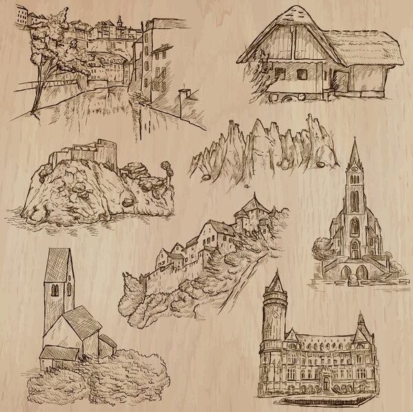 architecture and places around the world - freehand drawings