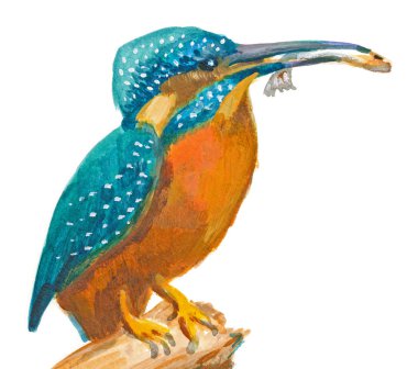 Bir el resimde beyaz - boyalı kuş, ortak kingfisher