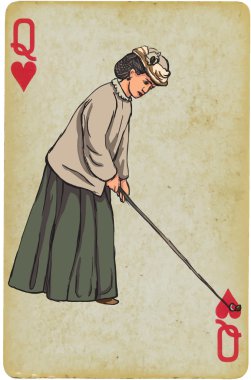 Oyun kartı, Queen - Vintage golfçü, bir kadın. Serbest el çiziminin