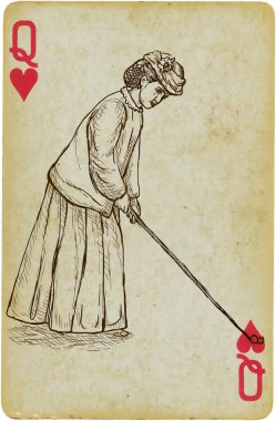 Oyun kartı, Queen - Vintage golfçü, bir kadın. Serbest el çiziminin