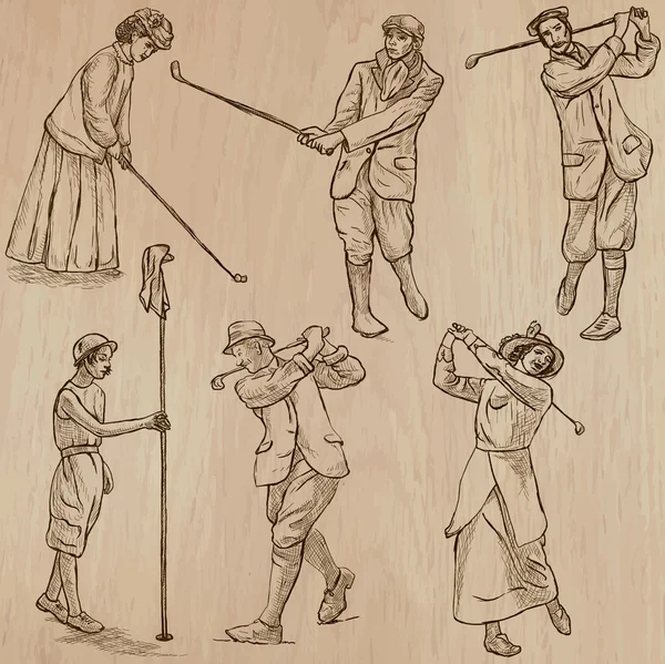 Golfistas e Golfistas Vintage - Vetores desenhados à mão, mãos livres — Vetor de Stock