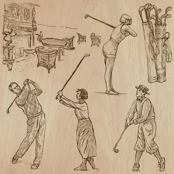 Golf et golfeurs Vintage - Vecteurs dessinés à la main, mains libres — Image vectorielle