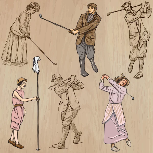 Golfistas e Golfistas Vintage - Vetores desenhados à mão, mãos livres — Vetor de Stock