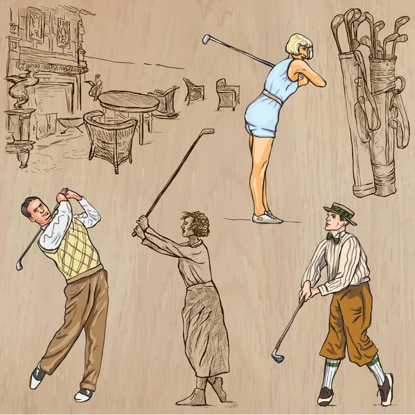 Vintage Golf y Golfistas - Vectores dibujados a mano, manos libres — Vector de stock