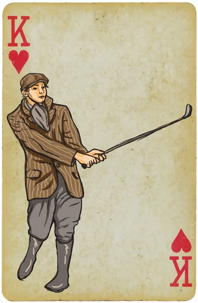 Playing Card, King - Vintage Golfer, een Man.-stijltekenen. — Stockvector