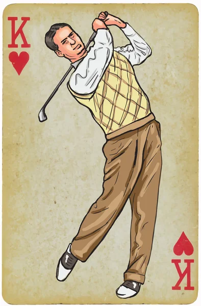 Playing Card, King - Vintage Golfer, een Man.-stijltekenen. — Stockvector