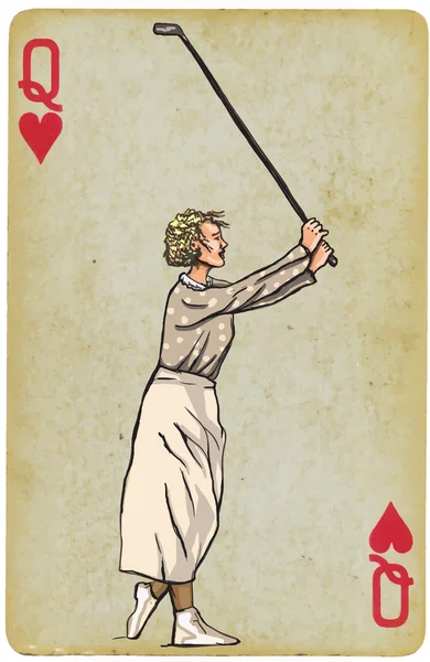 Jugar a las cartas, Reina - Vintage Golfista, una mujer. Dibujo a mano alzada — Vector de stock