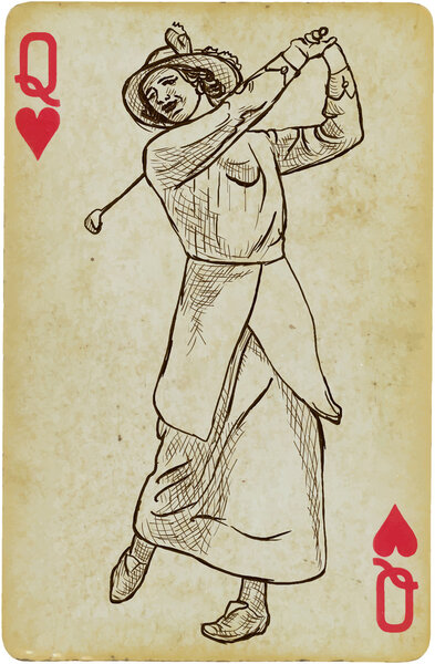 Playing Card, Queen - Vintage Golfer, an woman. Freehand drawing