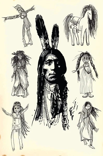Indian krigare, Sitting Bull porträtt - Freehand skiss, vektor — Stock vektor