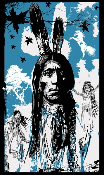 Indian Warrior, Sitting Bull portret - Freehand sketch, vector — Stockvector