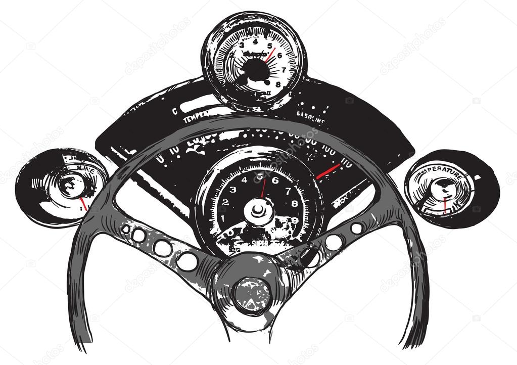 Vanishing Point. The first reason to love USA. An hand drawn vector, Freehand sketch. Muscle car interior - it is not about any particular car interior, logos are devised by author of the illustration