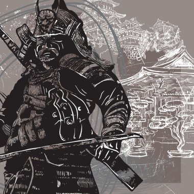 Bir el vektör Japonya kültür - samuray, Shogun çekilmiş.