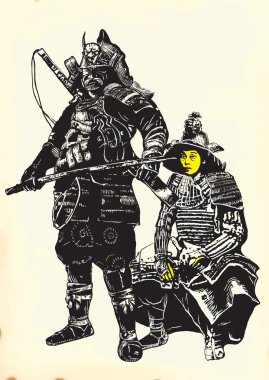 Bir el vektör Japonya kültür - Samurais, verimsiz çekilmiş.