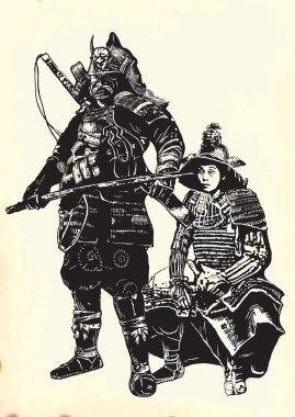 Bir el vektör Japonya kültür - Samurais, verimsiz çekilmiş.