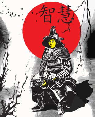 Bir el vektör Japonya kültür - samuray, Shogun çekilmiş.