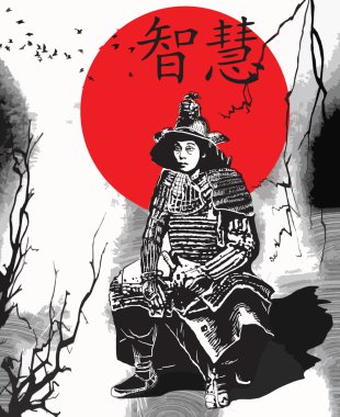 Bir el vektör Japonya kültür - samuray, Shogun çekilmiş.