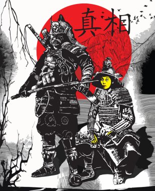 Bir el vektör Japonya kültür - Samurais, verimsiz çekilmiş.