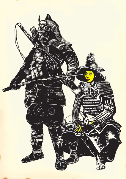 Bir el vektör Japonya kültür - Samurais, verimsiz çekilmiş.