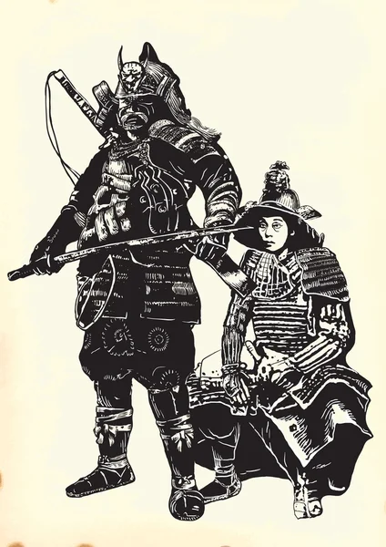 Un vector dibujado a mano de la cultura japonesa - Samurais, Shogun — Vector de stock