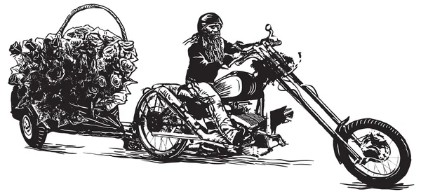 Biker e rose, illustrazione vettoriale disegnata a mano — Vettoriale Stock
