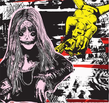 Alter Ego bir silahı olan bir kız. Vektör el çekilmiş illustratio