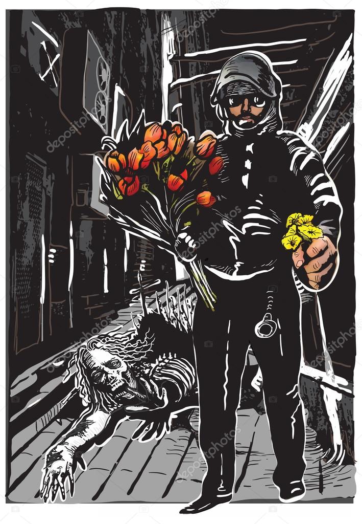 policeman with flowers, gentle hero - freehand, vector