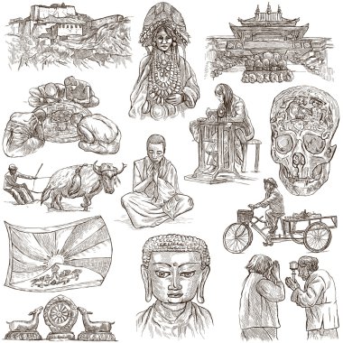 Tibet. Seyahat - hayat resimleri. El çizimleri.